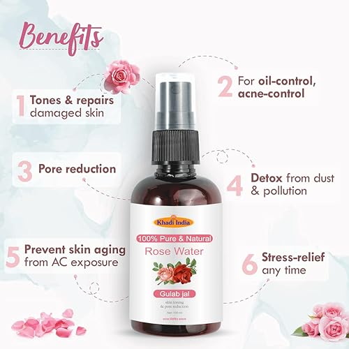 Image of Khadi 100% HERBAL Rose Water Spray - 100% Pure & Natural Skin Toner for Hydration, Glow & Pore Tightening - Alcohol-Free, Refreshing Mist - 100ml