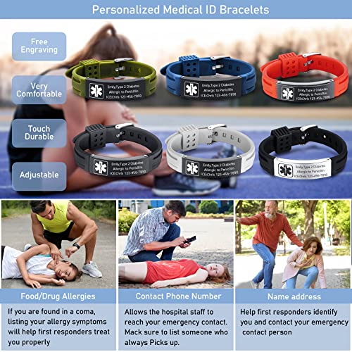 Vnox Customize Emergency Jewelry Medical Alert Id Black Silicone Rubber Stainless Steel Adjustable Bracelet #TOP1