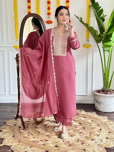 Shiv Textiles Silk Blend Embroidery Kurta Set For Women (Jd-Madhavi-Pink-L)