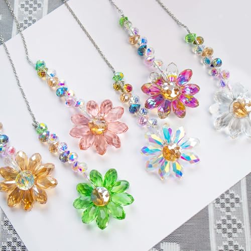 Image of 6 PCS Crystal Flower Suncatchers Hanging Ornaments Colorful Crystal Sunflower Rainbow Maker Hanging Pendant Windows Indoor Outdoor Garden Decorations