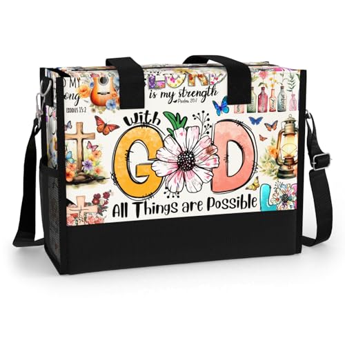 Large Tote Bag for Women. Aesthetic Shoulder Bag. Christian Faith Religious Gift. Waterproof Bag with Pockets and Zipper for Travel, Work, Grocery. All Things are Possible with God.
