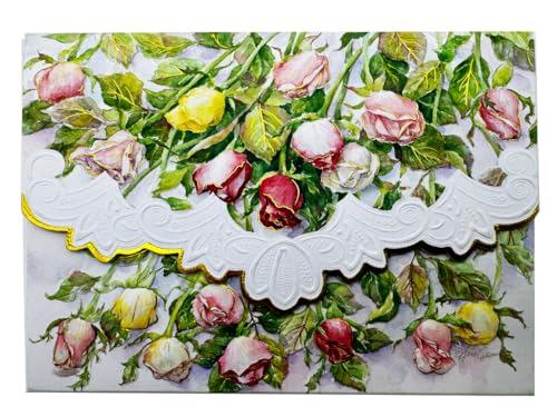 Image of Poster Foundry Set of 3 - Long Stem Roses Boxed Note Cards by Carol Wilson. 10 embossed 4x5 Die-Cut Notecards and Matching Envelopes in Decorative Gift Box with Magnetic Flap. NCP2053