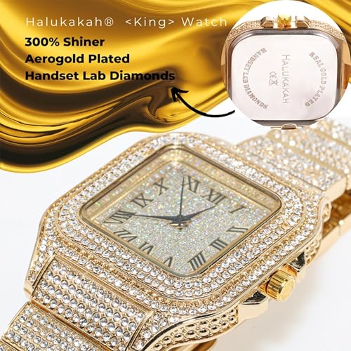 Halukakah Men’s Watch - The King - 18K Gold/Platinum Plated, 40MM Square Dial, Iced Out Wristband, with Cuban Link Chain Necklace and Bracelet Set Optional, Comes in Giftbox - Image 4