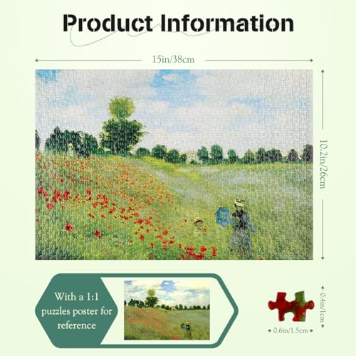 MISITU Mini Jigsaw Puzzle 1000 Pieces for Adults Painting " Poppies" by Claude Monet, Micro Puzzles for Children over 14 Years - Image 2