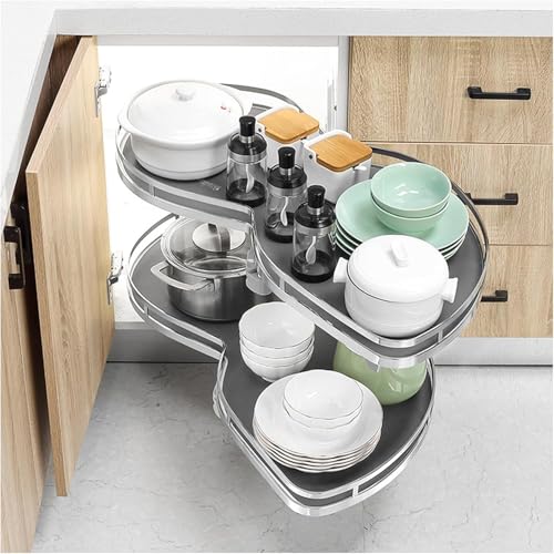 Kitchen CabinetBlind Corner Pullout Organizer, 2-Tier Flying Saucer Shelving Unit, Pull-Out Shelving Corner Storage Cabinet, for 900mm Cabinet, Each Tray Swings Independently (Right Open)
