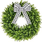 Vlorart 24" Faux Round Boxwood Wreath, Artificial Boxwood Wreath Front Door Wreaths Artificial Spring Summer Greenery Hanging with A Plaid Bow and sash for Front Door Wall Hanging Window Wedding Decor