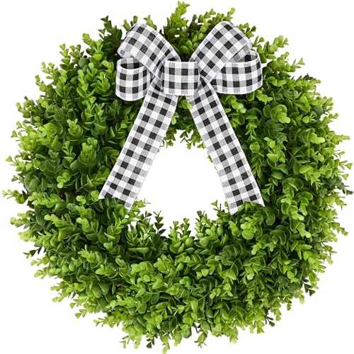 Vlorart 24' Faux Round Boxwood Wreath, Artificial Boxwood Wreath Front Door Wreaths Artificial Spring Summer Greenery Hanging with A Plaid Bow and sash for Front Door Wall Hanging Window Wedding Decor