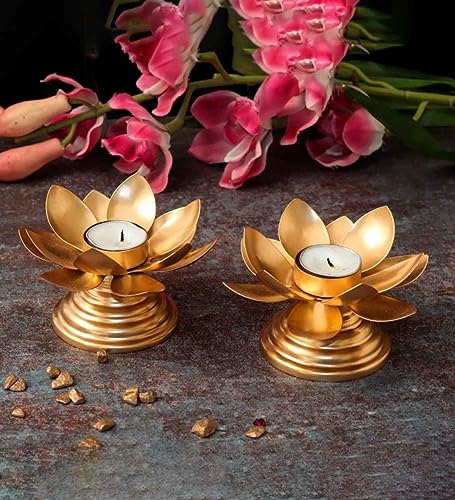 Image of Easyera Beautiful Lotus Tealight Holder Candle Stand Metal Home Decoration Festival Occasions Diwali Ga (Not Include Glass Candle) Golden Pack 6 (Pack of 6- (Golden) Mini Lotus)