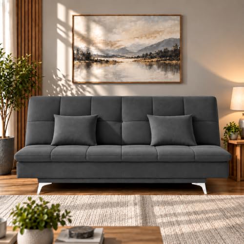 Image of Adorn India Premium New Aspen 3 Seater Sofa Cum Bed 4X6 Velvet Suede with 2 Cushions (Color Dark Grey) and Suitable for All Indoor, with 3 Years Warranty