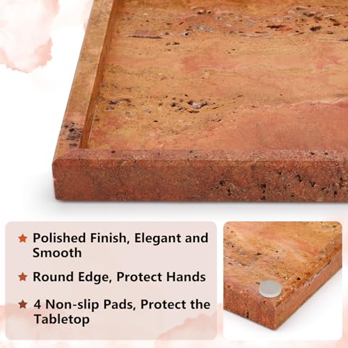 Image of Real Natural Marble Tray for Bathroom, Vanity, Kitchen and Desktop, Rectangle Genuine Marble Stone Tray for Jewelry, Cosmetics, Candles, Lotion, Perfume (Red, 12 inch x 8 inch x 1.2 inch)