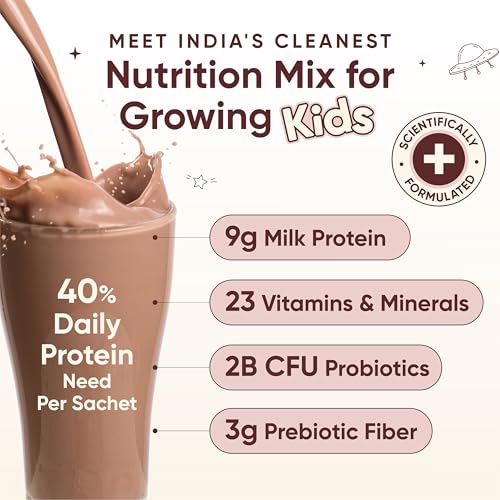 Image of Wellbeing Nutrition Kids Superfuel 7+years |Zero Added Sugar |9g Milk Protein Isolate, 23 Vitamins & Minerals, 100mg DHA, 3g Fiber, Probiotics |Height Growth, Immunity & Brain| Chocolate, Nutrition Drink Powder, 33g