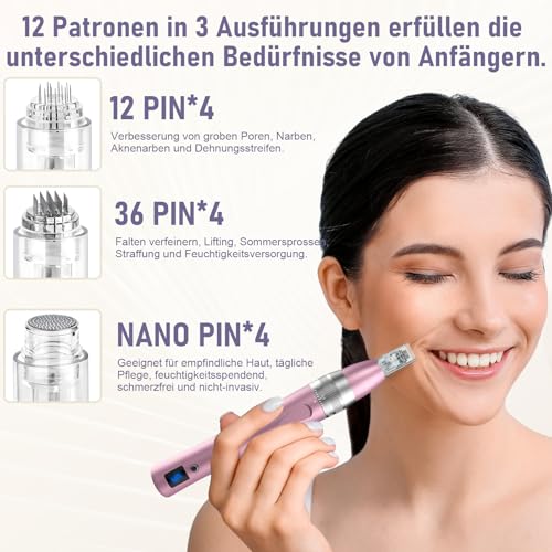 Robofun Elektrische Microneedling Pen mit 7 Farben Licht, 5 Stufen, 12 Patronen, Wiederaufladbar Kabellos Mikronadel Stift - Rosa