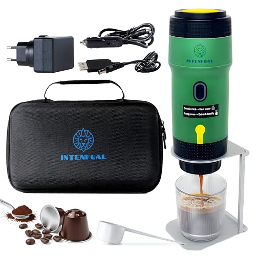 INTENFUAL macchina caffe portatile espresso caffettiera portatile elettrica batteria auto riscaldante 20 BAR 12V compatibile capsule piccole grandi, Caffè macinato, 3 cavo per ricaria 220V, auto e USB
