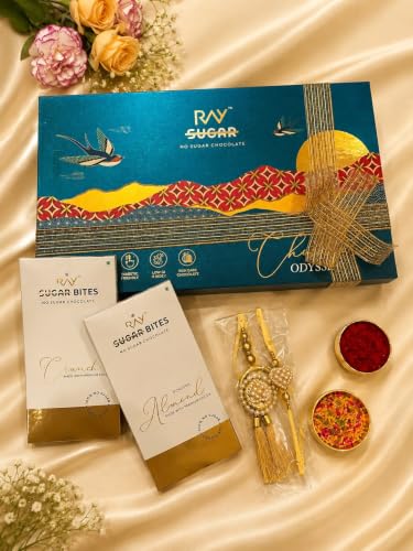 Image of LB Ray Raksha Bandhan Gift Hamper with Premium Designer Rakhi, 2 No Added Sugar Chocolates (Crunch & Roasted Almond, 90g Each), Roli Chawal Set | Festive Gift Box for Brother
