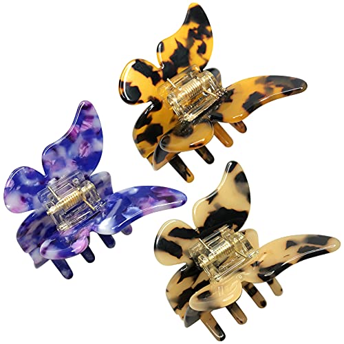HYFEEL Butterfly Hair Clips Claw for Women Fine Thin Hair, Medium Tortoise Shell Thick Hair Jaw Clip Grips 2.2 Inch French Design Leopard Print Celluloid Non Slip Ponytail Holder Clamps Stylish Hair Accessories 3PCS