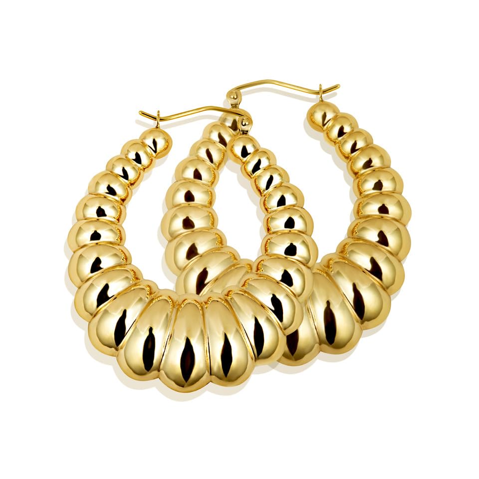 Ladies 14K Yellow Gold Reversible Croissant Ribbed Hoop Earrings, 6-8.5mm Thick 24-33.5mm Diameters3