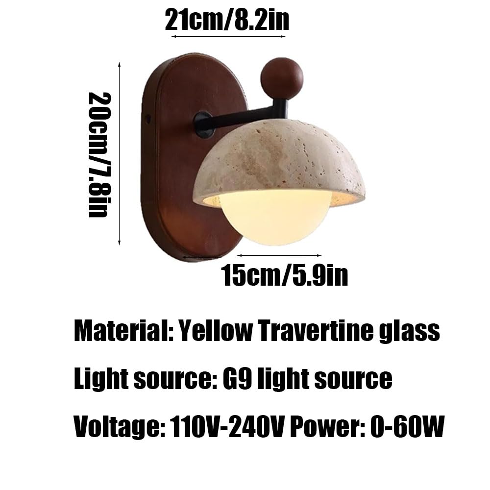 Applique da Parete con Paralume sferico in Vetro, Stile Industriale, in travertino Giallo, con Base in Legno e Pietra Naturale, Ideale per Decorare ristoranti, soggiorni e camere da Letto.