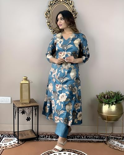 Image of GoSriKi Women's Cotton Blend Printed Kurta with Pant