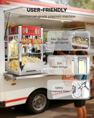 Image of 32 Oz Commercial Popcorn Machine, Large Popcorn Maker Machine, Movie Theater Countertop Pop Corn Machine with 3-Switch Control & Tempered Glass Doors, Red