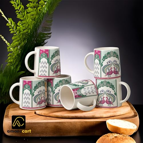 Image of Alive Peacock Art Printed Ceramic Tea /Coffee Mug Set of 6 (300 ml) | Microwave & Dishwasher Safe |Premium Ceramic Mugs for Home, Office & Gifting