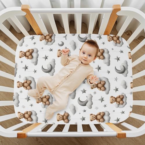 Image of Caikeny Fitted Crib Sheet for Boys Girls Kawaii Bears Moon Grey Clouds Baby Crib Sheets Stars Watercolor Bassinet Sheets Crib Mattress Bed Sheets for Toddler Newborn Infant 52 X 28 in