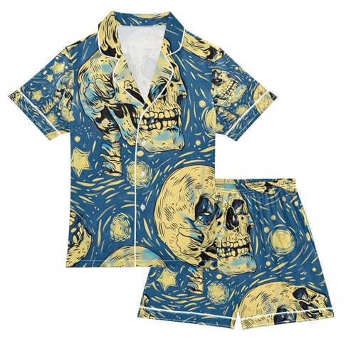 senya Skeleton Face Satin Summer Pajama Sets Silk Short Sleeve Button Down Sleepwear