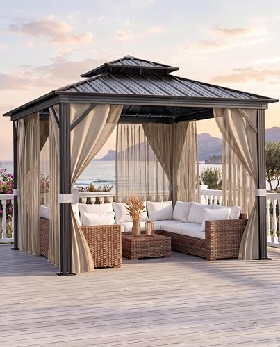 VORTEXTOVE 12 x 12 ft Hardtop Gazebo, Double Galvanized Roof, Aluminum Frame, with Netting and Curtains, for Backyard, Pario, and Lawn