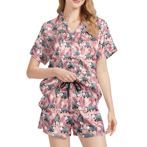 Image of Funny Satin Pajamas Set for Women Button Down Sleepwear Print Pjs Set 2 Piece Short Sleeve Loungewear Gift for Women