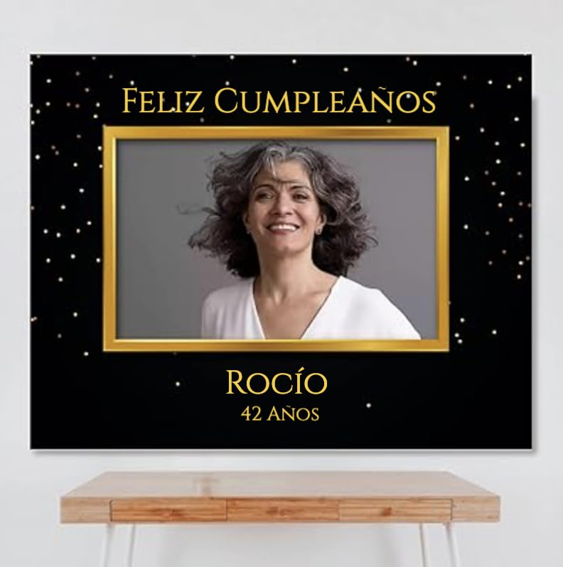 Genérico Cartel Personalizable (Textos y Foto Personalizables), Tamaño 100x80cm, Papel 180gr, Decoración de Fiestas, (NEGRO Y DORADO)