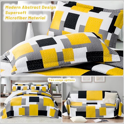 Image of Tyrot 3 Piece Yellow Grey Quilt King Size Black White Gray Bedding Set | Lightweight Bedspread, Geometric Coverlet with 2 Sham, Modern Abstract Soft Microfiber, Bed Cover for All Season, 106''x96''