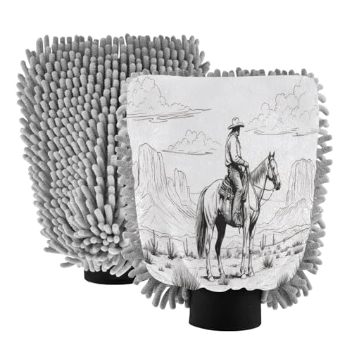 Flradish 2 Pack Vintage Western Cowboy Car Wash Mitt Chenille Microfiber Lint-Free Scratch Free Ultra-Soft Absorbent Car Wash Mitt 11.8x8.07 Inch