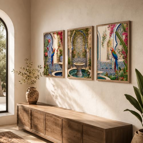 Image of Artify Set of 3 Moroccan Courtyard Parrot Wall Paintings for Living Room Dining Bedroom Decor with Premium Wooden Color Synthetic Frame