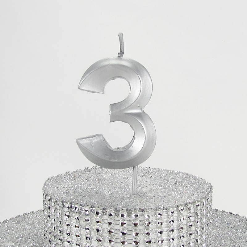 3 Üç Rakamlı Gümüş Gri Mum 6.5 Cm