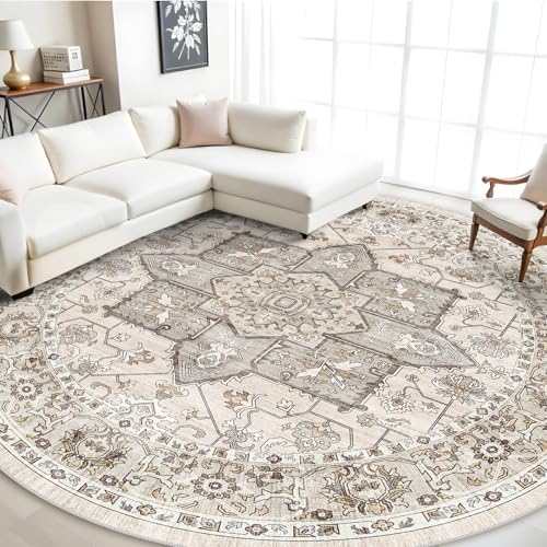 RUUGME Washable 9 ft Round Rug - Large Boho Rugs for Living Room Stain Resistant Carpet Vintage Tribal Rugs for Bedroom Kitchen with Non Slip Backing Floor Decoration Mat 9ft Ivory