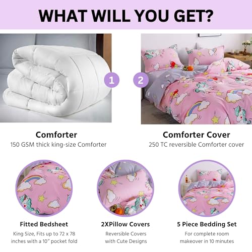 Image of Famyo Kids King Size 5-Piece Bedding Set, Unicorn & Rainbow | 250 TC Fitted Bedsheet, Comforter, Comforter Cover & 2 Pillow Covers, 72 x 78 in, Pink Kids Bedding