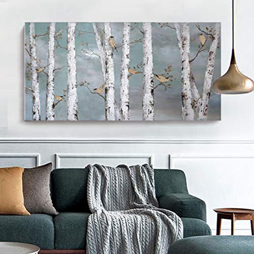 Image of Ejart Large Tree Wall Art Hand-Painted Landscape Forest Oil Painting Gallery Wrapped Framed Canvas Bird Birch Artwork 'White Birch at Night' for Living Room Bedroom Office Decor Teal White 48 inchx24 inch
