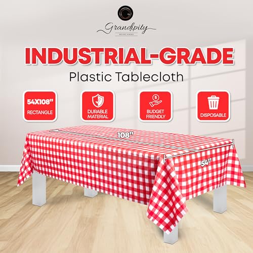 Image of Grandipity Plastic Table Cloth Disposable 12 Pack 54 inch x 108 inch Rectangle | Red Gingham Plastic table covers, durable disposable tablecloths, fade and tear-resistent table cover for party, event