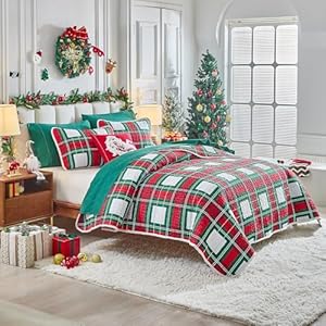 Flysheep Christmas Quilt Set 3 Pieces Queen Red Green White Plaid Reversible Design Bedspread Coverlet Set Soft Microfiber Lightweight Bed Cover for All Season 90 x 90 1 Quilt 2 Pillow Shams