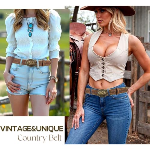 Women's Western Genuine Leather Belt Vintage Buckle Cowgirl Style Brown4