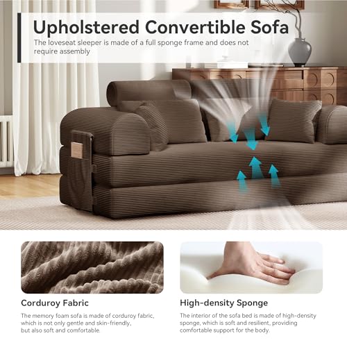 Image of Upgrade High Backrest Design Sofa Bed with Fixed-Shape Frame & Removable Armrests and Backrest, Corduroy Fabric, Convertible Mattress Couch for Small Spaces - No Assembly Needed (Brown)