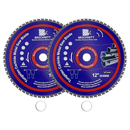 12" Metal Cutting Circular Saw Blade - BRSCHNITT 2pcs Tungsten Carbide Tipped TCT Saw Blades for Iron, Iron Pipe, Ferrous Metals 60T Arbor:1-3/16"/1"