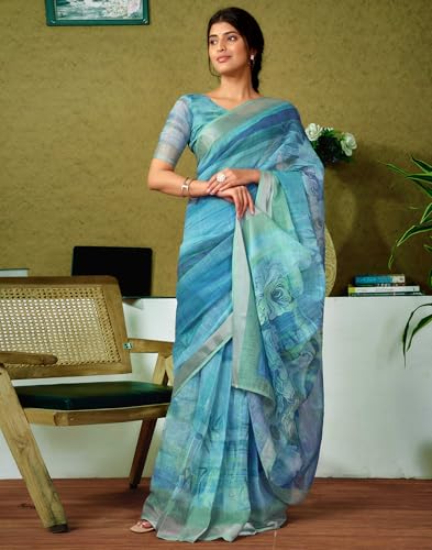 Image of SIRIL Women's Cotton Linen Printed Readymade Saree 1 Minute Ready to Wear Saree With Unstitched Blouse Piece