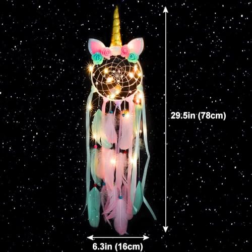 CHMMY LED Einhorn Traumfänger Handgemachte Dreamcatcher Zimmer Deko Federn Wand Dekoration Traumfänger Mädchen Romantische Dekoration für Wandbehang Wohnkultur Ornamente Handwerk