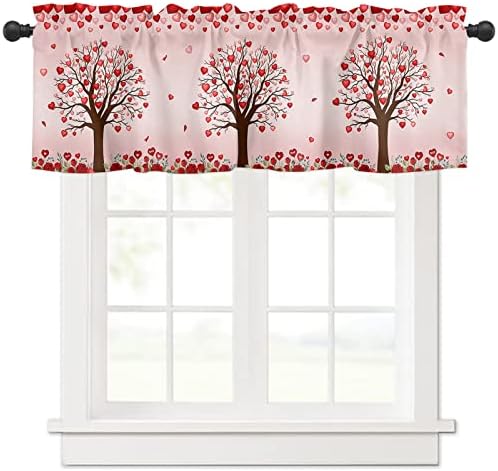 OComster Kitchen Curtain Valance, Valentines Rod Pocket Tier Curtain, Pink Red Love Heart Tree Romantic Roses Short Half Window Treatments for Living Room Bedroom, 54 x 18 Inch, 1 Panel