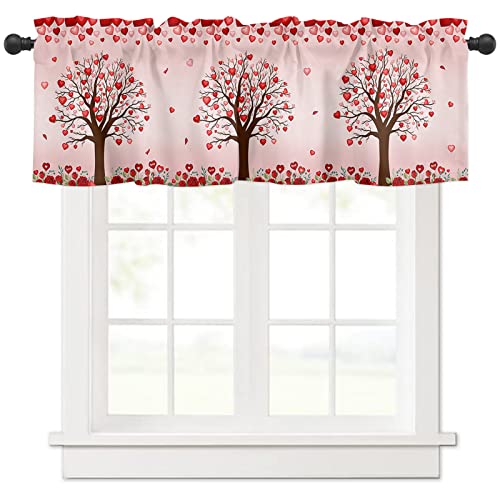 Ocomster Kitchen Curtain Valance, Valentines Rod Pocket Tier Curtain, Pink Red Love Heart Tree Romantic Roses Short Half Window Treatments For Living Room Bedroom, 54 X 18 Inch, 1 Panel #TOP20