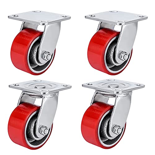 4 Pack 4-inch Heavy Duty Caster Wheels, Red Polyurethane Caster with Swivel Top Plate, 3000lb Total Capacity, for Rack Case, Home Furniture, Industrial Trailer (2 Rigid & 2 Swivel)