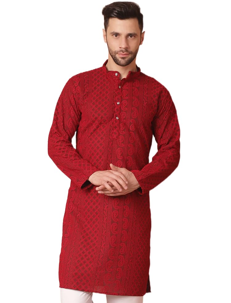 Jompers Men's Maroon Chikankari Embroidered Kurtas. (Maroon, L)