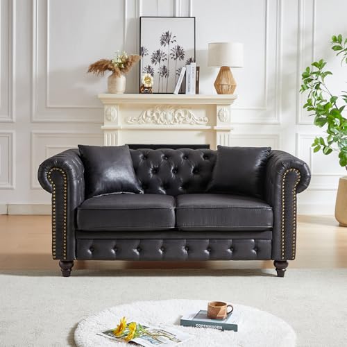 Image of Modern Chesterfield Sofa Couch, 63.5-inch Faux Leather Loveseat Sofa with Rolled Arms and Tufted Button for Living Room, Office, Black