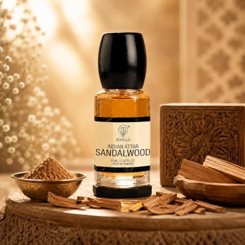 Image of ROZELLA Sandal Wood Authentic Attar for Men and Women | Creamy Woody Aroma Perfume Oil | Traditional Fragrance Blend | Non Alcoholic Long Lasting Fragrance Attar | 6 ml