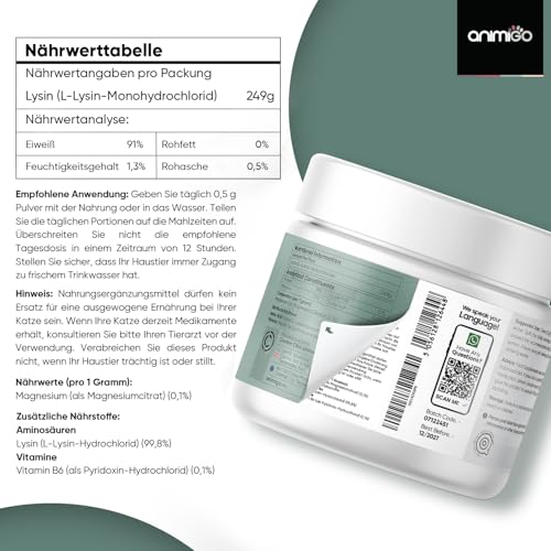 animigo L-Lysin für Katzen - 250g Pulver - Essenzielle Aminosäure L Lysin - Inklusive Messlöffel - Frei von Gluten & Laktose - Für jeden Alters - Ergänzungsfuttermittel für Katzen